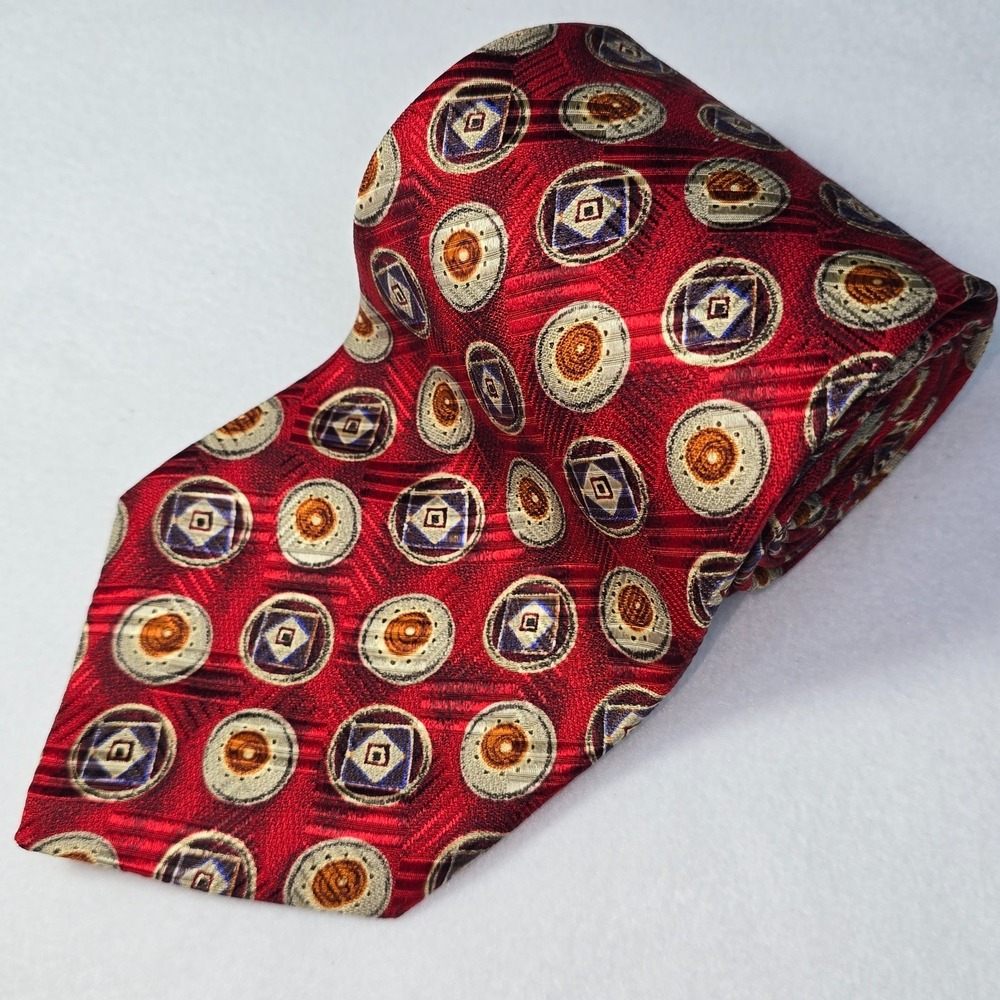 Robert Talbott Men's Tie 100% Italian Silk Made in USA Red Gold Medallion 57" L